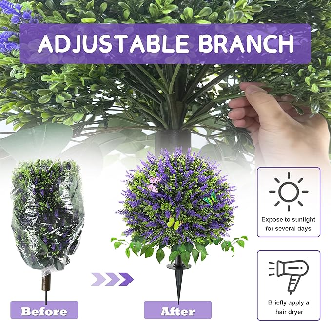 28" Artificial Boxwood Topiary Ball with Lavender, UV Resistant Topiary Tree Faux Boxwood Ball Shaped Porch Bushes with Ground Spike Artificial Bushes for Outdoors Front Door Decor Home Garden