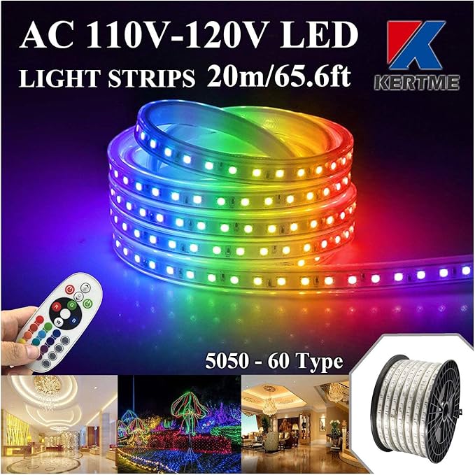 5050-60 Type AC 110-120V RGB LED Strip Lights, Flexible/Waterproof/Dimmable/Multi-Colors/Multi-Modes LED Rope Light + 24 Keys Remote for Home/Garden/Building Decoration (65.6ft/20m, RGB)