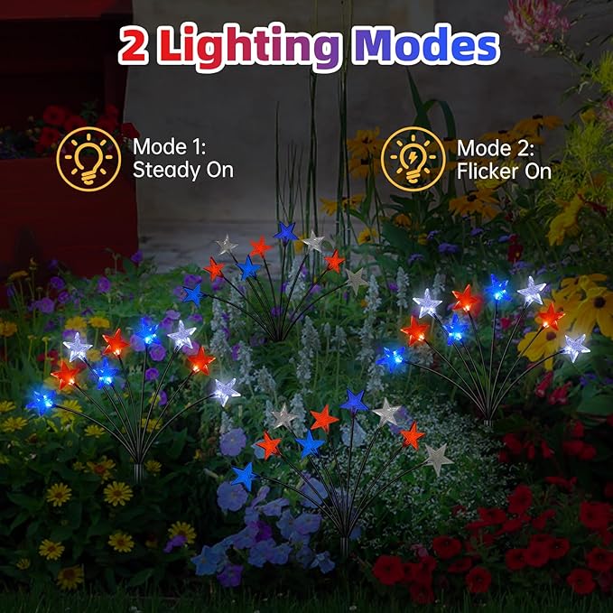 4th of July Decorations Solar Garden Lights, Fourth of July Red White and Blue Star Solar Lights Outdoor, Waterproof Patriotic Decor with 9 LED 2 Lighting Modes for Independence Day, 4 Pack