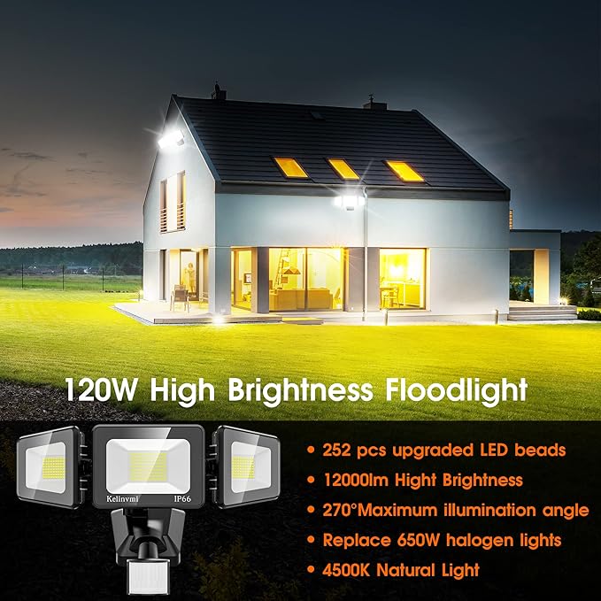 120W LED Flood Lights Outdoor with Motion Sensor, 12000LM 4500K Daylight, IP66 Waterproof Dusk to Dawn Outdoor Security Lights for Garage, Yard, Outside