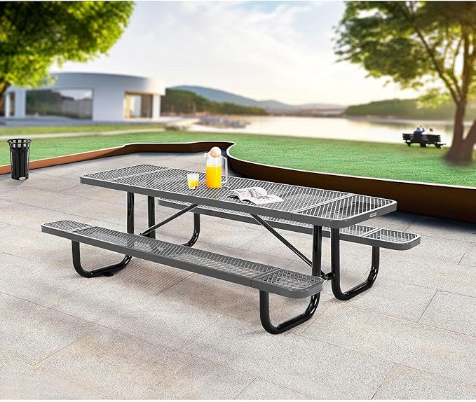 Global Industrial 8’L Rectangular Picnic Table, Expanded Metal, Gray Thermoplastic Coating, Attached Benches, 1-1/2” Umbrella Pole Hole, Outdoor-Rated, 1000 lb Capacity, 96” x 30” Tabletop
