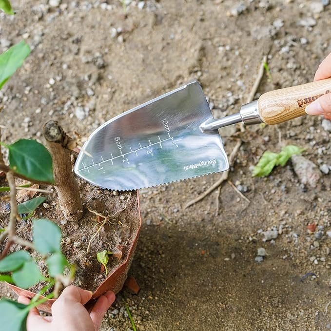Garden Serrated Planting Trowel, Multifunctional Shovel with ash Wood and Stainless Steel Digging Trowel Transplanter