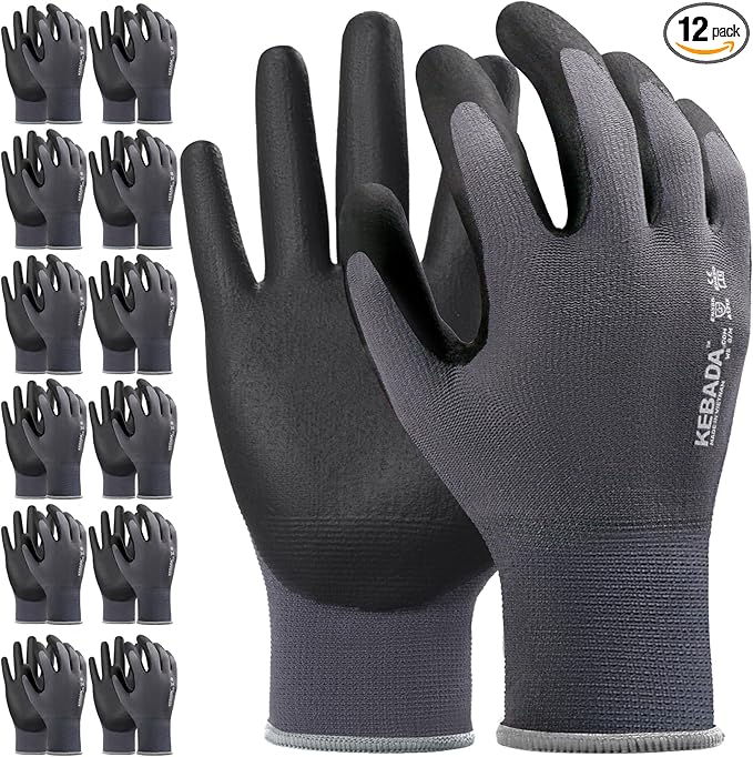 12 Pairs Work Gloves for Men and Women, Nitrile Coated Safety Protective Gloves with Grip, Ideal for Gardening, Warehouse, Mechanic, Light Duty Construction Work,Large