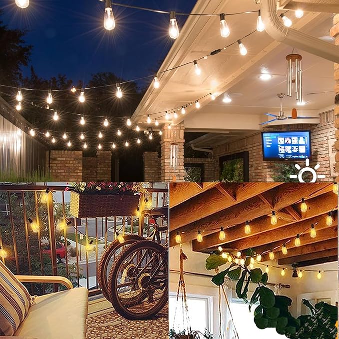 50Ft Outdoor String Lights, ST38 LED Outdoor Patio Lights Waterproof with 27 Edison Bulb (2 Spare), Dimmable Outside Hanging Backyard Lights for Porch Balcony Deck Garden Party Xmas Decor
