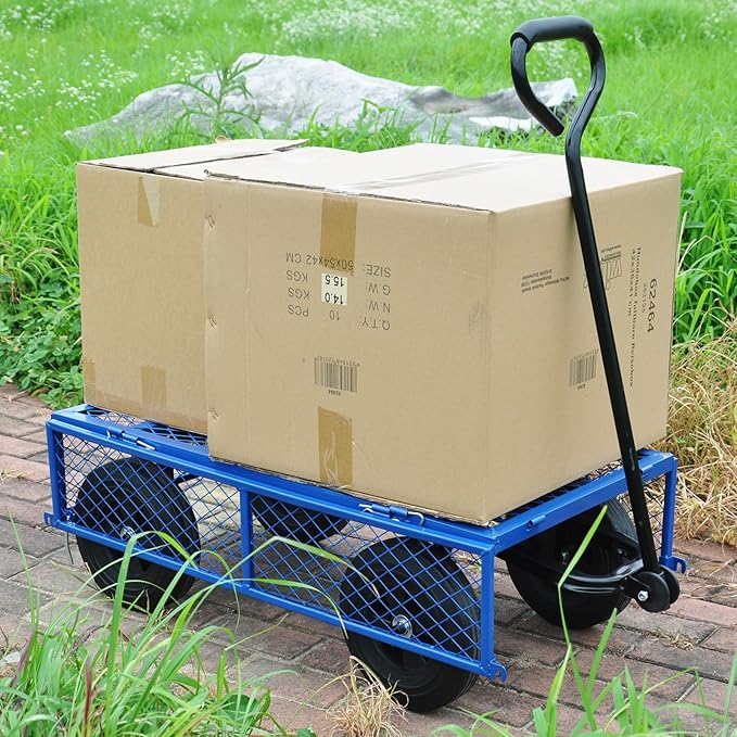 Heavy Duty 480 Lbs Capacity Mesh Steel Garden Cart Folding Utility Wagon with Removable Sides (Blue)