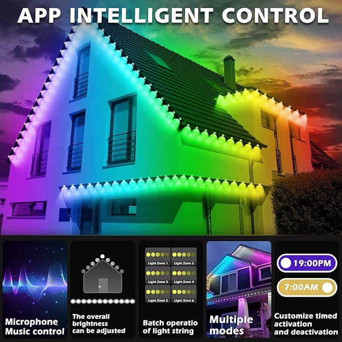 200FT Permanent Outdoor RGB Lights,IP67 Waterproof Smart LED Eaves Lights with App/Remote Control,for Christmas and All Holiday Decor,Daily and Accent Lighting,House Roof and Garden Lighting
