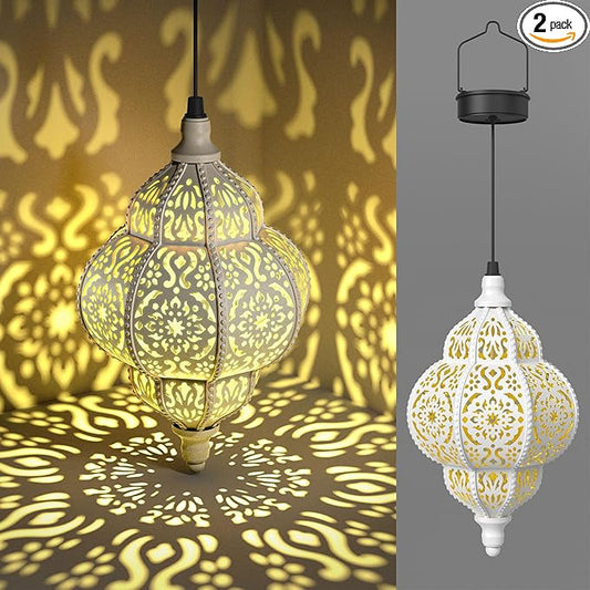 Hanging Solar Lights Outdoor Garden Decor Solar Lantern Waterproof Plastic Moroccan Outdoor Decorations for Patio Pathway Yard Backyard Garden Decorative (2, White)