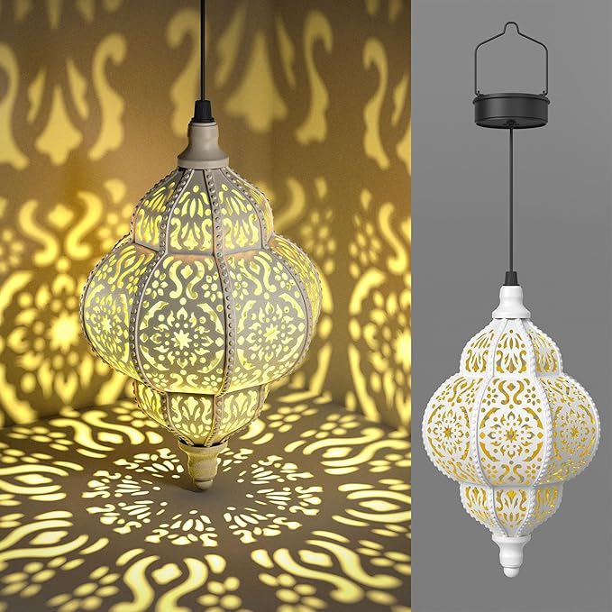 Hanging Solar Lights Outdoor Garden Decor Solar Lantern Waterproof Plastic Moroccan Outdoor Decorations for Patio Pathway Yard Backyard Garden Decorative (1, White)