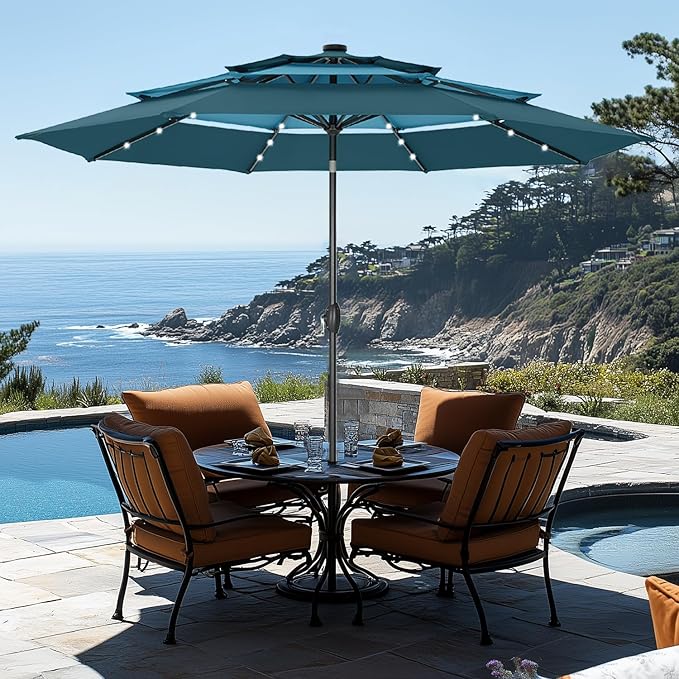 GREEN PARTY 10ft Outdoor Patio Umbrella, Auto-Tilt Market Table Umbrellas with Crank, 8 Sturdy Ribs & 1.5" Pole UV Protection for Garden Deck Backyard Pool