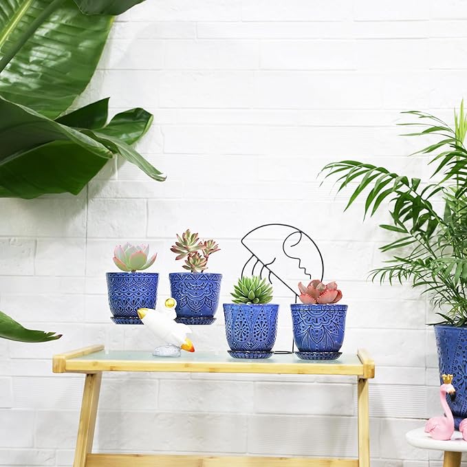 Gepege Succulent Pots, 4 Inch Small Indoor Ceramic Planter Pot with Drainage Holes and Saucers for Plants- Blue - Set of 4