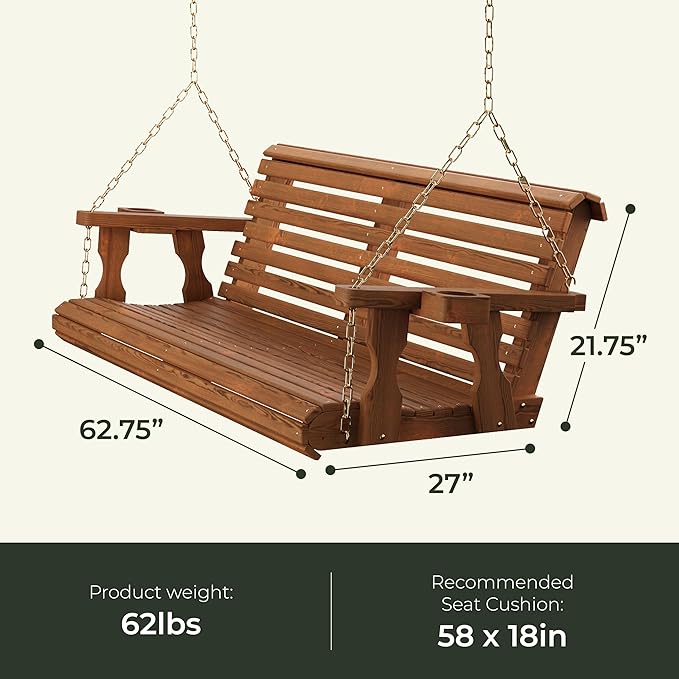 Amish Casual 6 Foot Roll Back Porch Swing with Cup Holders in Dark Walnut Stain - Amish Made in The USA from Treated Pine Heavy Duty 700 Lb. Weight Capacity
