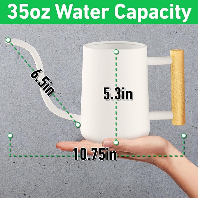 35 oz Metal Small Indoor Watering Can with Long Spout & Real Wood Handle for House Plants, Succulents, Cacti & Seedlings - White Long Spout Watering Can Indoor Plants - Stylish, Gentle Flow, No Spills