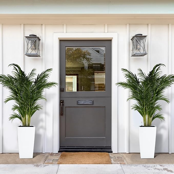 16" Tall Planters Set of 2, Outdoor＆Indoor Black Planter Pots, High Front Porch Planter Pots with Drainage Holes＆Water Level Monitor＆Inner Bucket, Automatic Watering,White