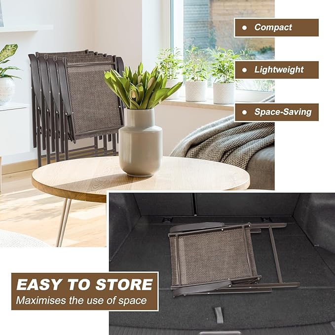 Aoodor Folding Patio Dining Chairs Textilene Fabric, Outdoor Steel Frame for All Weather Use, Fit for Porch, Lawn, Yard, Set of 4, Brown