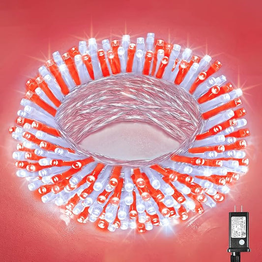 100 LED Christmas Lights Outdoor - 33ft Christmas String Lights 8 Modes Plug in Waterproof Twinkle Fairy Lights with Timer Memory for Indoor Outside Bedroom Home Party Decoration, Red&White