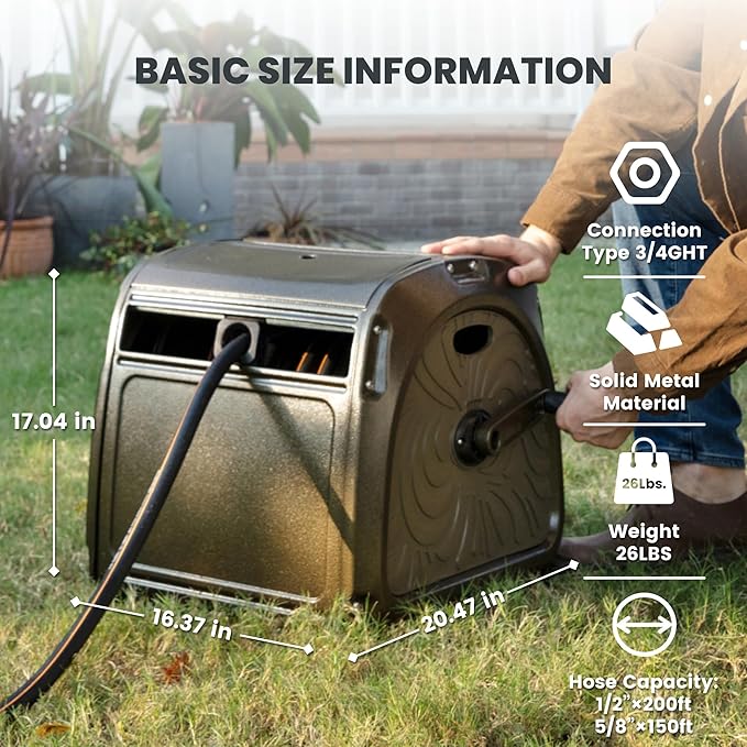 Giraffe Tools SW5-100ft Metal Hose Reel Box, 100 ft Rubber Hose Garden Hose Storage Heavy Duty Reel Hideaway, Crank Handle, 100ft 5/8" Hose, Green