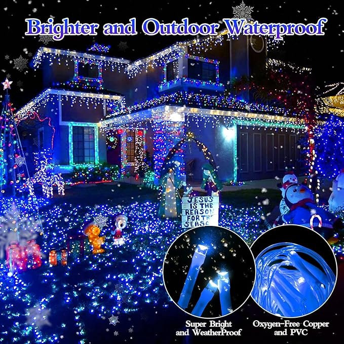 960 LED 98FT Christmas Lights Plug in 8 Modes with Timer Dimmable Christmas Decorations Outdoor Waterproof Indoor Curtain String Lights for Roof Garden Holiday Wedding Party Decor Blue
