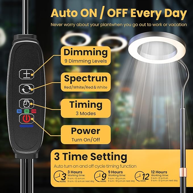 Grow Light, LED Plant Light for Indoor Plants Growing, Full Spectrum Desk Grow Lamp with Pedestal, Automatic Timer for 3H/9H/12H, 10 Dimmable Levels, Height Adjustable