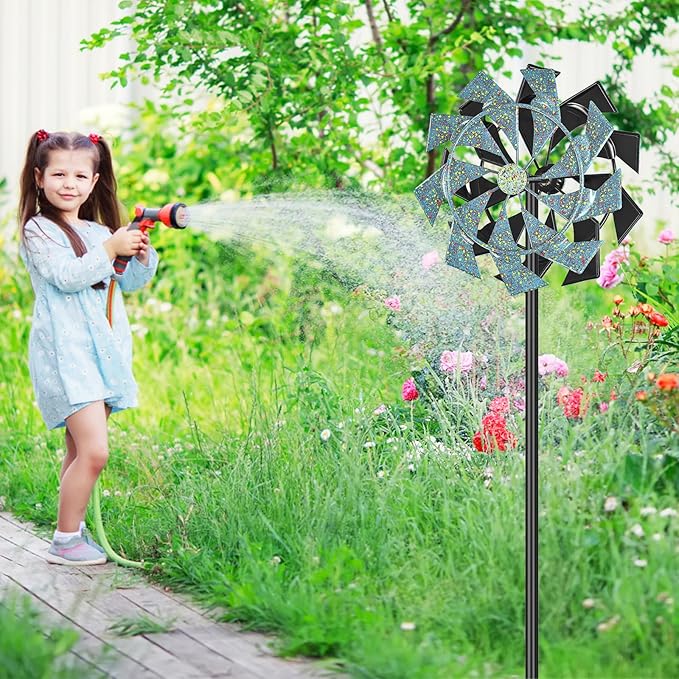 59 inch Outdoor Kinetic Wind Spinner, Double Blade Wind Sculpture with 5 Prong Base, Geometric Metal Windmill for Garden, Lawn & Patio Decoration (Blue Gold)
