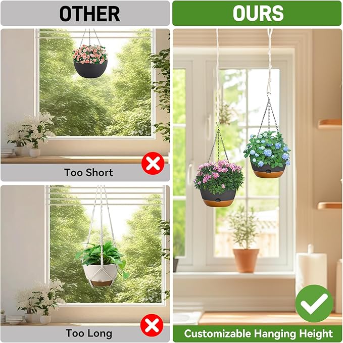 8 Inch Hanging Planters for Indoor & Outdoor Plants (2 Pack) - Self-Watering & Drainage Flower Pots with 2 Kinds of Plant Hangers for Home Decor & Garden (Deep Gray, 8 in)