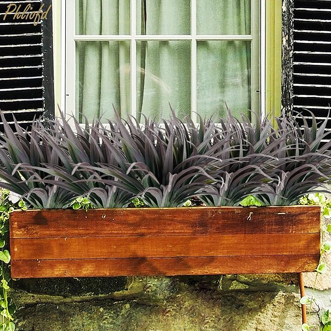 6Pcs Artificial Grass Fake Plants 17.3in Outdoor Plants UV Resistant Faux Greenery Stems Fake Grass for Home Window Garden Office Patio Pathway Front Porch Halloween Décor Green & Black