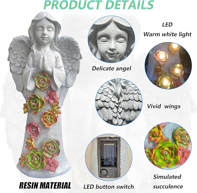 Angel Solar Garden Outdoor Statues with Succulent Plants and 6 LED Lights– Outside Solar Garden Decor Figurines -Remembrance & Sympathy Gifts Decorations