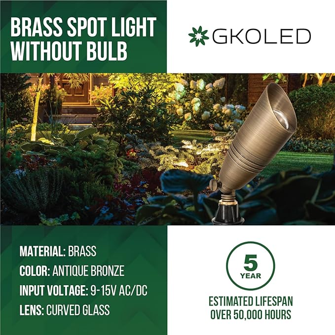 GKOLED 12-Pack Solid Brass Landscape Spotlight, 12V AC/DC Low Voltage Landscape Lights, Outdoor Directional LED Uplight Waterproof Fixture with ABS Ground Spike, Garden Spot Up Light Without Bulb