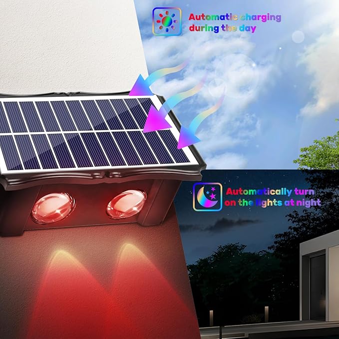 4LED Multi-Color Solar Wall Lights, Up and Down Lighting Solar Outdoor Light Waterproof IP65, Solar Fence Light for Yard Garden Garage Walkway Porch Christmas Decorations (4 Pack)