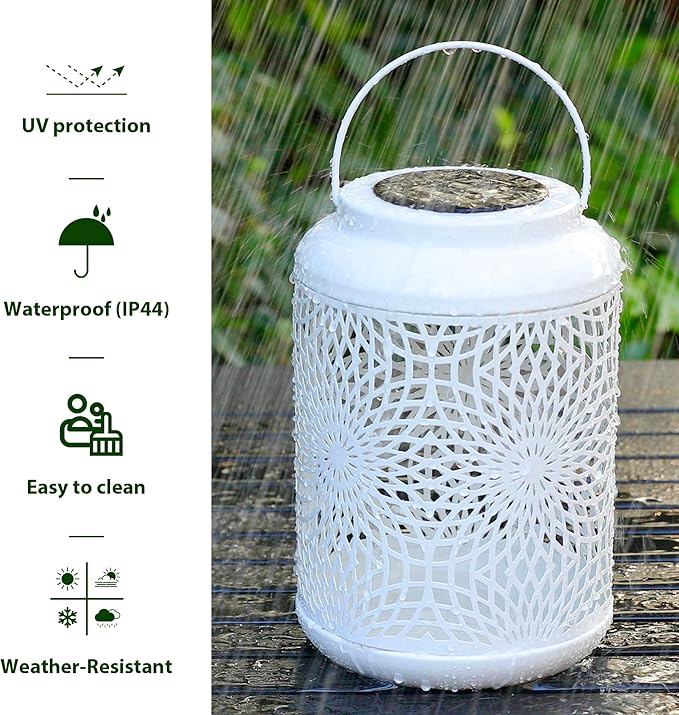 Glitzhome Solar Lantern White Metal Cutout Scrollwork Outdoor Hanging Solar Light with Handle for Garden Patio Yard Outdoor Decor
