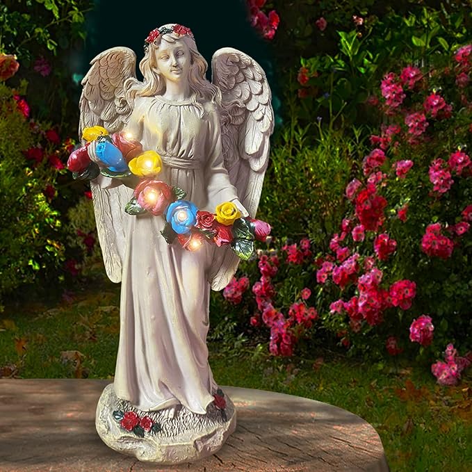 Angel Statues for Garden, Solar Angels for Outside, Angels Sculpture Holding Wreath for Outdoor Patio Lawn Balcony Ornament Gifts for Women/Mom/Grandma