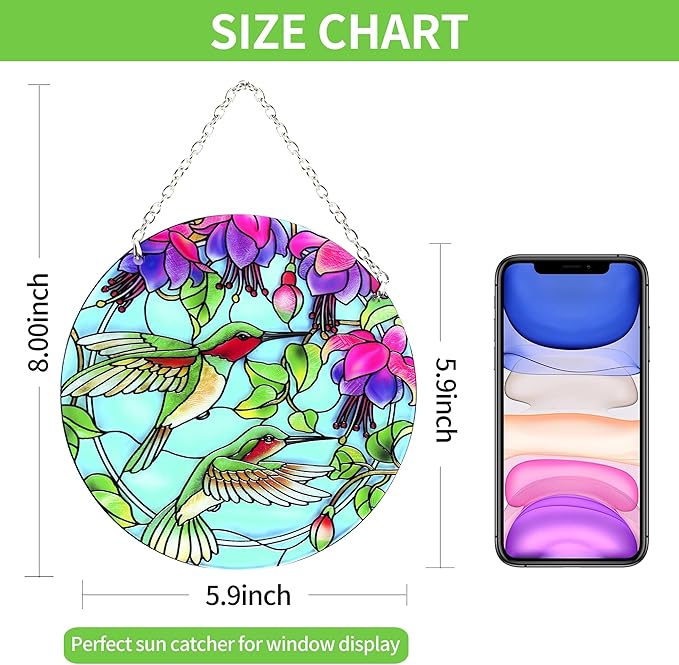 Hummingbird Suncatcher Stained Glass - Hummingbird Gifts for Women, Birds Suncatchers for Windows - Birds Window Hangings with Chain and Hook, 6 inch Stained Glass Suncatcher for Mom