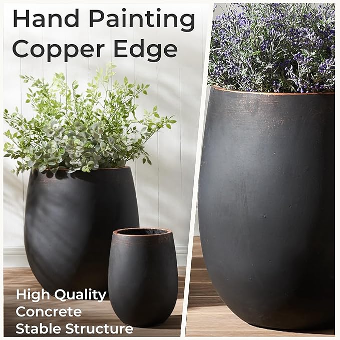 17.7"+13.3"+9.5" Dia Round Concrete Planter Set of 3, Large Outdoor Planter, Black with Gold Rim, Flower Pots with Drainage Holes for Garden, Patio, Home, Office