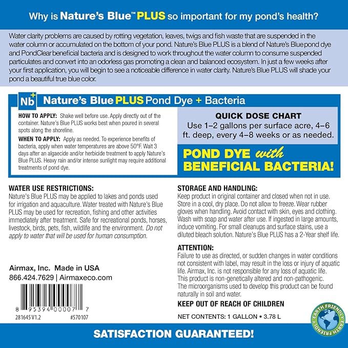 Airmax Pond Dye Plus, Nature's Blue Colorant & Natural Beneficial Bacteria, Large Pond & Lake Water Clarifier & Color Treatment, Shade Plants & Algae from Sunlight, Fish & Livestock Safe, 1 Gallon