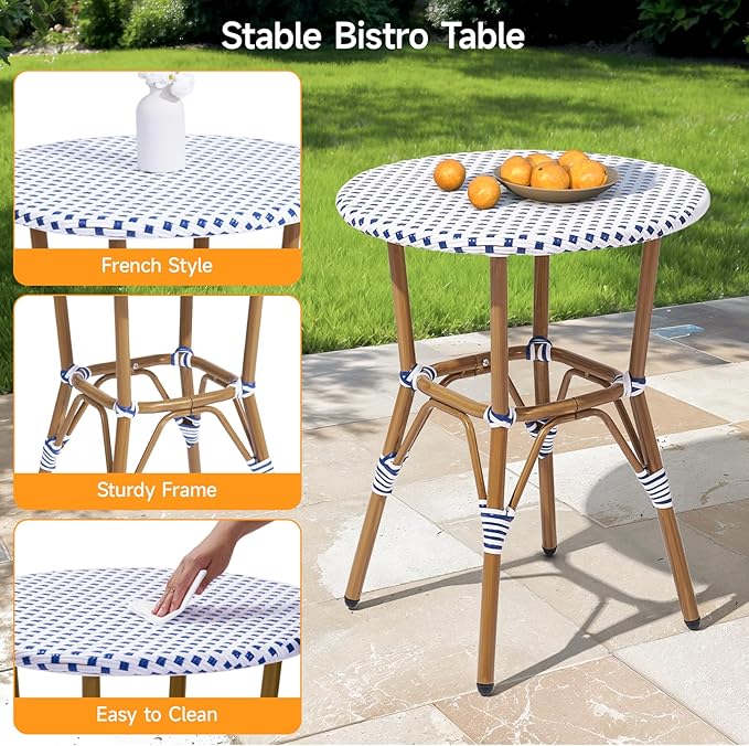 3 Piece French Wicker Bistro Set, Patio Bistro Set with Table and 2 Dining Chairs, All Weather ‎Outdoor ‎Bistro Set with Aluminum Frame, Outdoor Patio Set for Patio Porch Cafes Yard, Navy and White