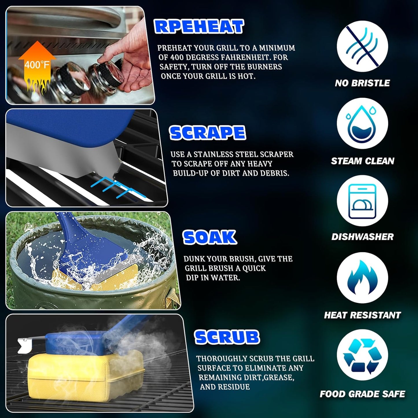 Grill Brush Bristle-Free with Replaceable Heat Resistant Kevlar Head Multi-Function Scraper BBQ Grilling Accessories, BBQ Grill Brush for Outdoor Grill, Heavy-Duty for Weber Grill Cleaner Accessories