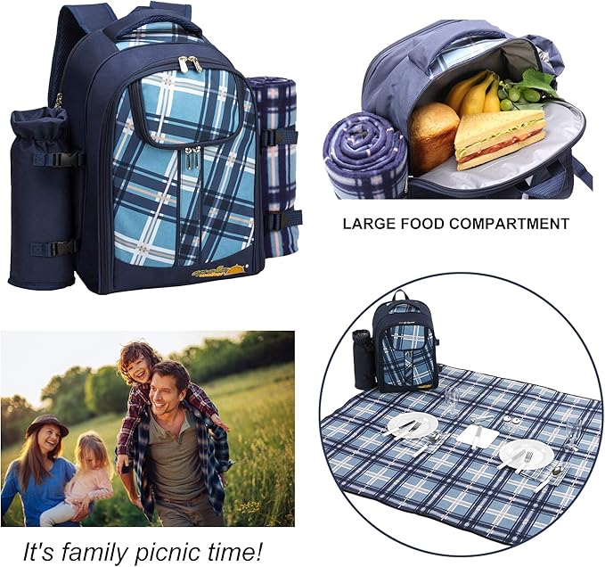 Apollo walker Picnic Backpack Set for 4 with Cooler Compartment,Detachable Bottle/Wine Holder Including Large Picnic Blanket(45"x 53") for Picnic Family and Lovers Gifts,Outdoor,BBQ Time (Blue)