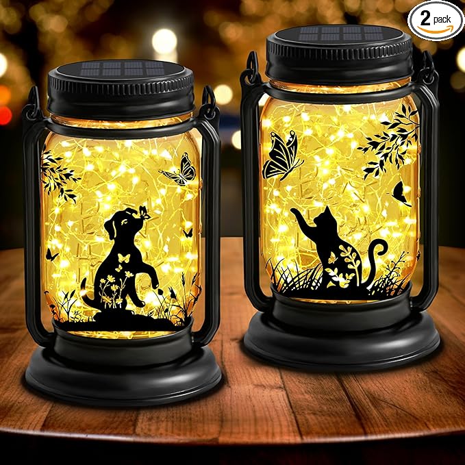 2 Pack Outdoor Hanging Solar Lantern, Cat & Dog Butterfly Vintage Glass Mason Jar, Birthday Mothers Day Gifts for Mom, Grandma, Women, Waterproof Garden lights for Patio Yard Lawn Tree Party Decor