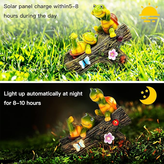 Garden Turtle Figurines Outdoor Decorations, Solar Statue Sweet Frog Face Turtles Decor with 4 LED Lights, Unique Garden Art Resin Statue Gifts for Patio Lawn Porch Yard