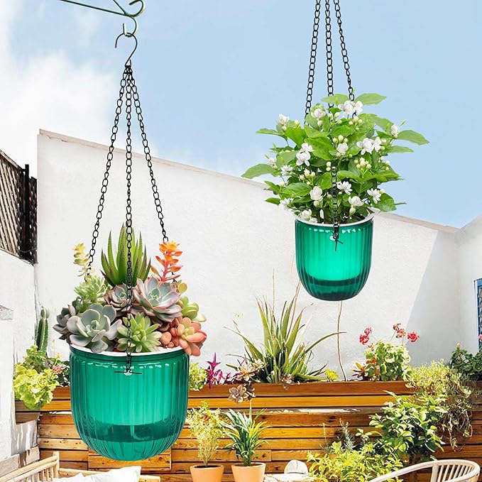 4Pcs Self Watering Hanging Planters, 6.5'' 4.5'' Hanging Flower Pots, Plastic Hanging Plant Basket with Drainage Holes, Visible Hanging Planters for Indoor Plants Garden Home(Emerald)