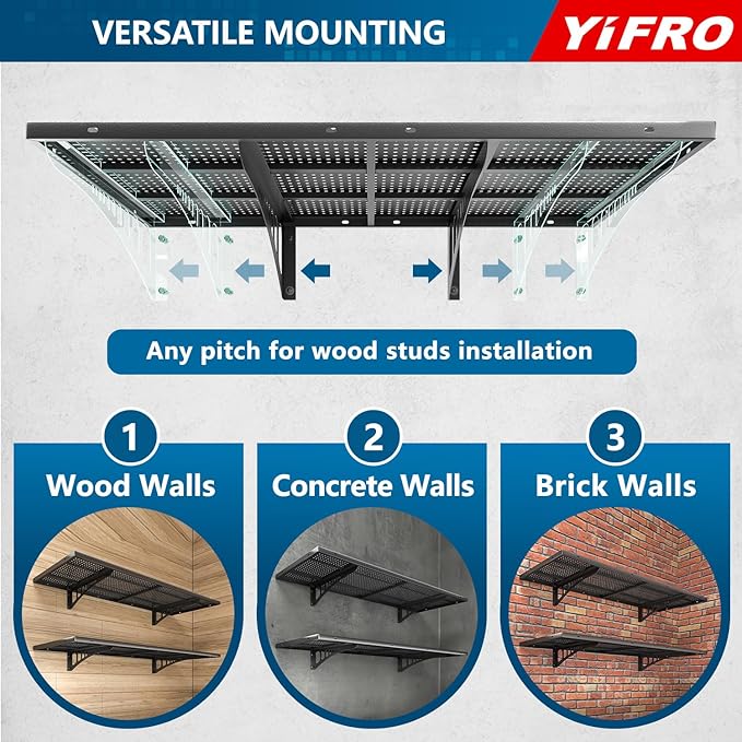 4-Pack 1.5x4ft Heavy Duty Garage Wall Shelving, 1000 lbs Load Capacity, Garage Shelving Wall Mounted, Garage Storage Rack with Hooks, Black