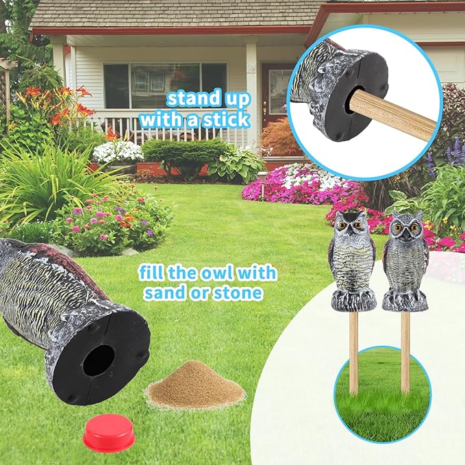 Hedoc 2 Pack Fake Owl Decoys to Scare Birds Away from Gardens and Rooftops, Great Horned Owl Bird Deterrents, Nature Scarecrow Plastic Owls Pest Repellent, Owl Statue for Garden Decor, Yard Decoration