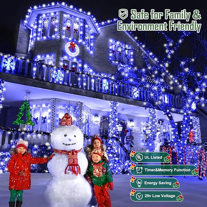 Heceltt 360 LED 118 FT String Lights Outdoor, 8 Modes Christmas Lights, IP44 Waterproof Christmas Tree Lights with Timer and Memory for Xmas Yard Party Home Garden Decorations (Blue and White)