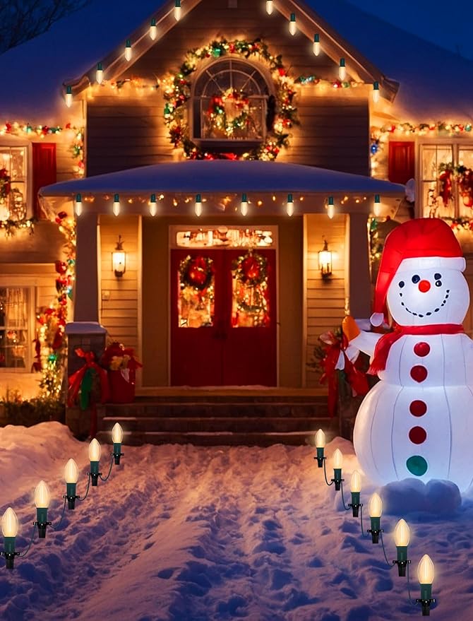 38Ft C9 LED Christmas Pathway Lights Outdoor, 25 C9 LED Warm White Christmas Pathway Stakes Lights Waterproof, Outdoor Christmas Walkway Lights for Yard Lawn Sidewalk Driveway Christmas Decorations