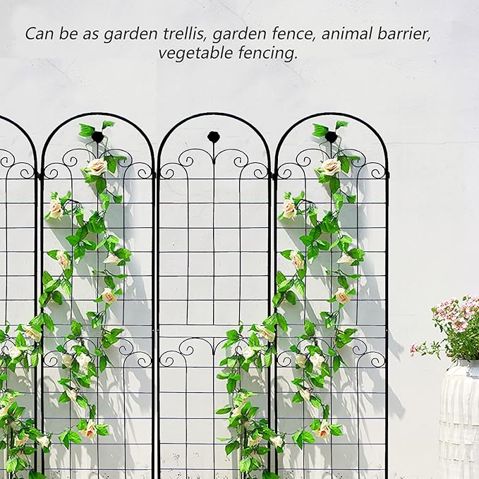 4 Pack Metal Garden Trellis 86.7" H Garden Fence Rustproof Trellis for Climbing Plants Support Roses Flower Outdoor Lawn, Black Galvanized Tube
