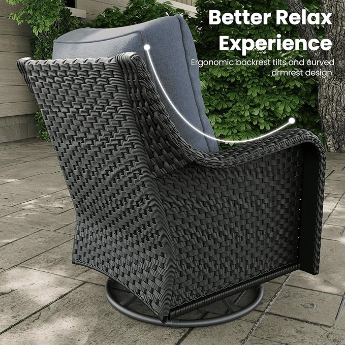 3 Pieces Outdoor Patio Furniture Sets with Rocking Swivel Chairs with 6-inch Thick Cushion and Side Table for Deck Lawn