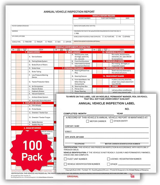 100 Pack 3-Ply Carbonless Annual Vehicle Inspection Report Forms with FMCSA 2-Ply Mylar Laminate Adhesive Vinyl Labels, DOT Inspection Forms and Stickers, Shrink-Wrapped, 8.5" x 11.75" - Made in USA