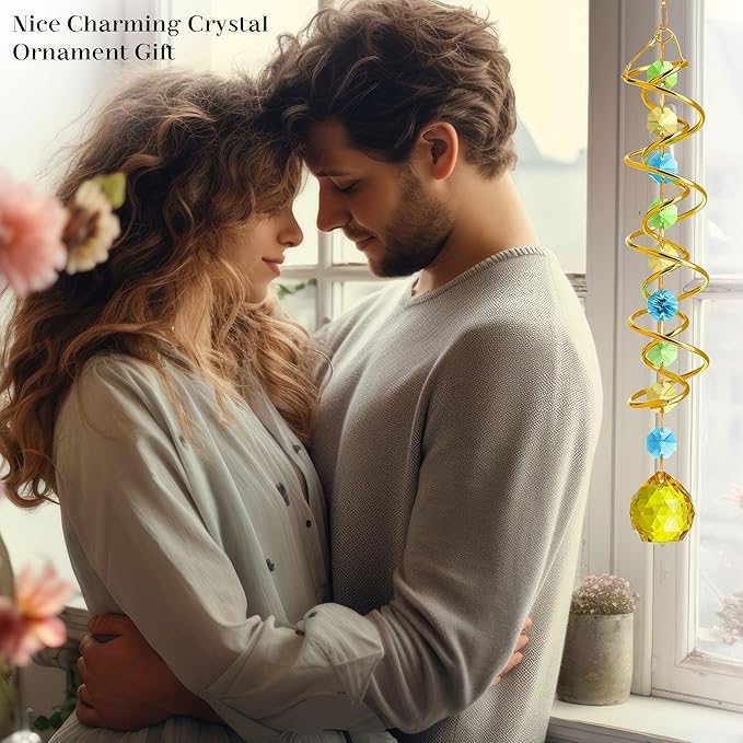 H&D HYALINE & DORA Glass Gazing Ball Spiral Tail Decorative Sun Catcher,17.7in Rainbow Maker Double-Spiral W/Yellow Crystal Ball Prism Sun Catcher for Indoor Outdoor Garden Decoration