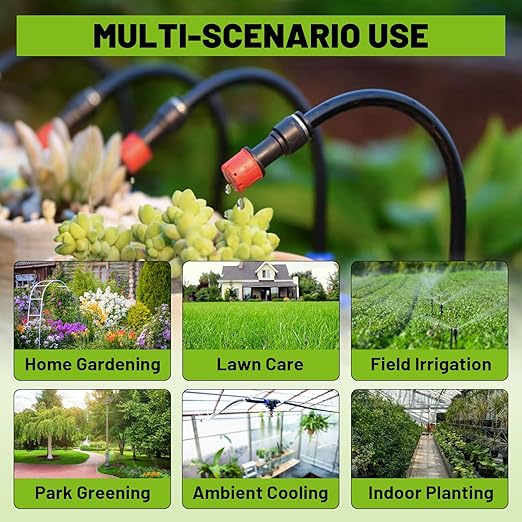 Garden Drip Irrigation Kit, 100ft Black Hose, 360° Pure Copper Closeable Nozzle, Patio Misting Plant Watering Sprinkler, Faucet Separator, Sprinkler Hose Adapter (24 360° nozzles + 24 T-connectors)