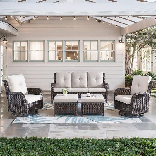 5 Piece Outdoor Patio Furniture Set - Wicker Furniture Patio Conversation Set, Outdoor Swivel Rocker Chairs with 3-Seater Sofa and 2 Ottomans for Small Space, Brown Wicker