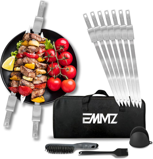 Grilling Skewer–16.5"flat metal skewers with removable Slider (set of 10) Storage Bag stainless steel skewers for BBQ-kebab koobideh-Skewers for kabab Barbecue meat vegetable-Grill sticks forcamping